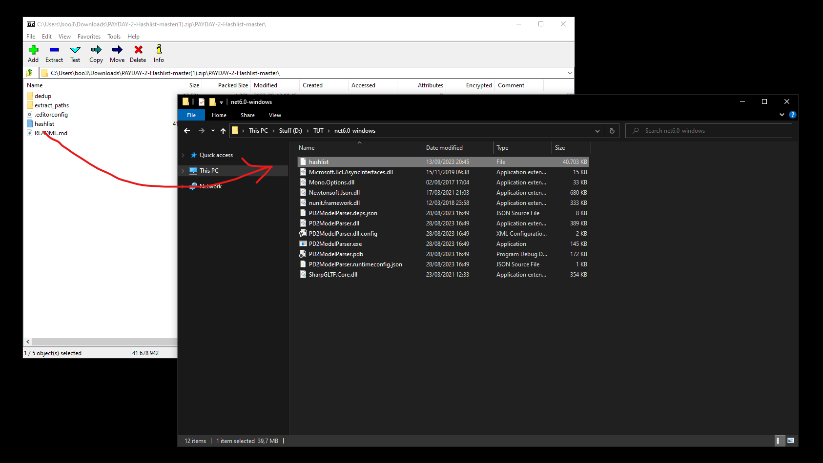 Next extract the hashlist in the root of the PD2ModelParser.exe this is very important or else the rest will not work